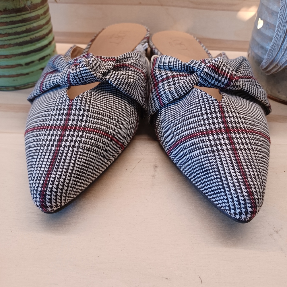 LOFT Black and White Houndstooth Mules with Red Accents